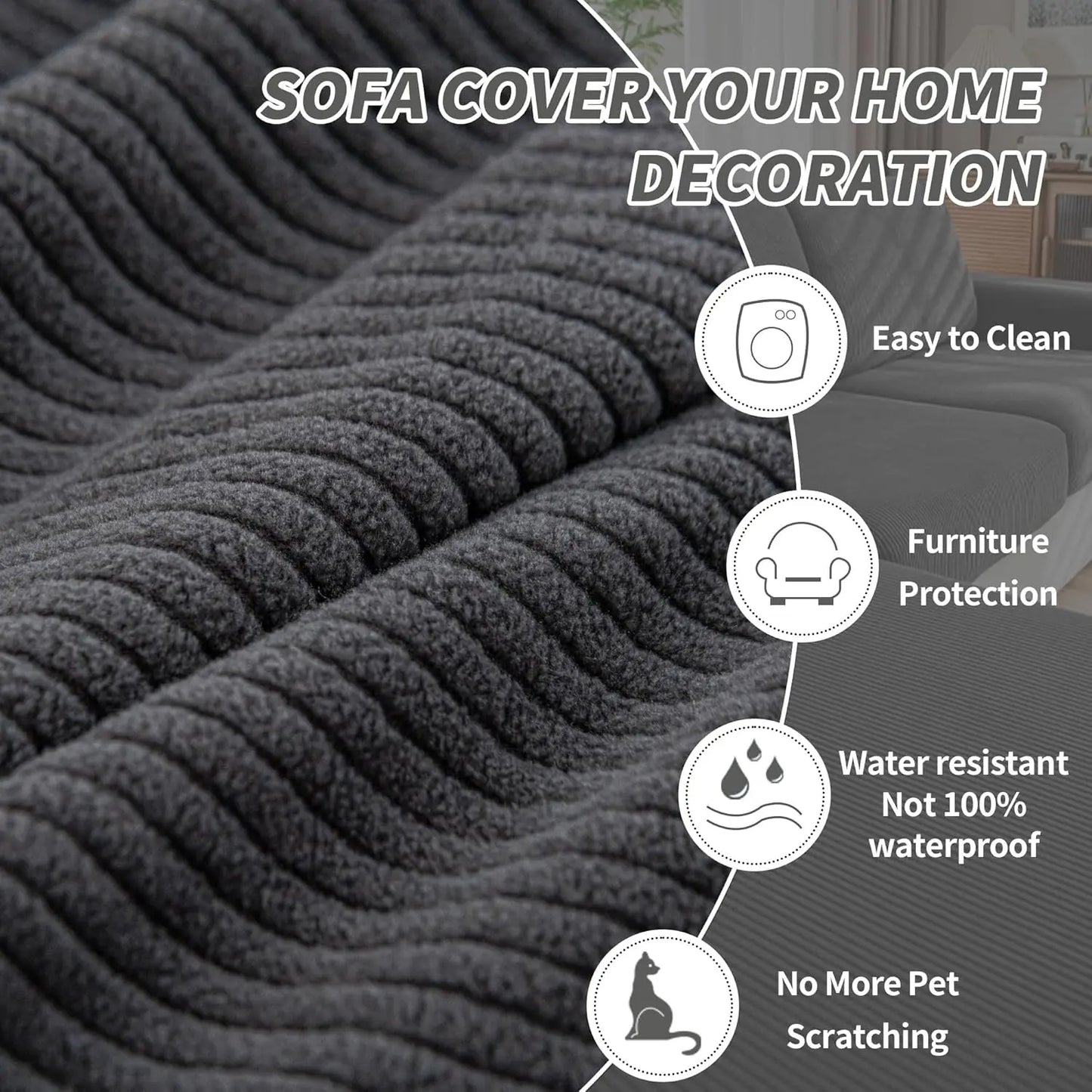 Soft Stretch Couch Cushion Cover, Washable Slipcover for Sectional and L-Shaped Sofas, Dark Gray Furniture Protector