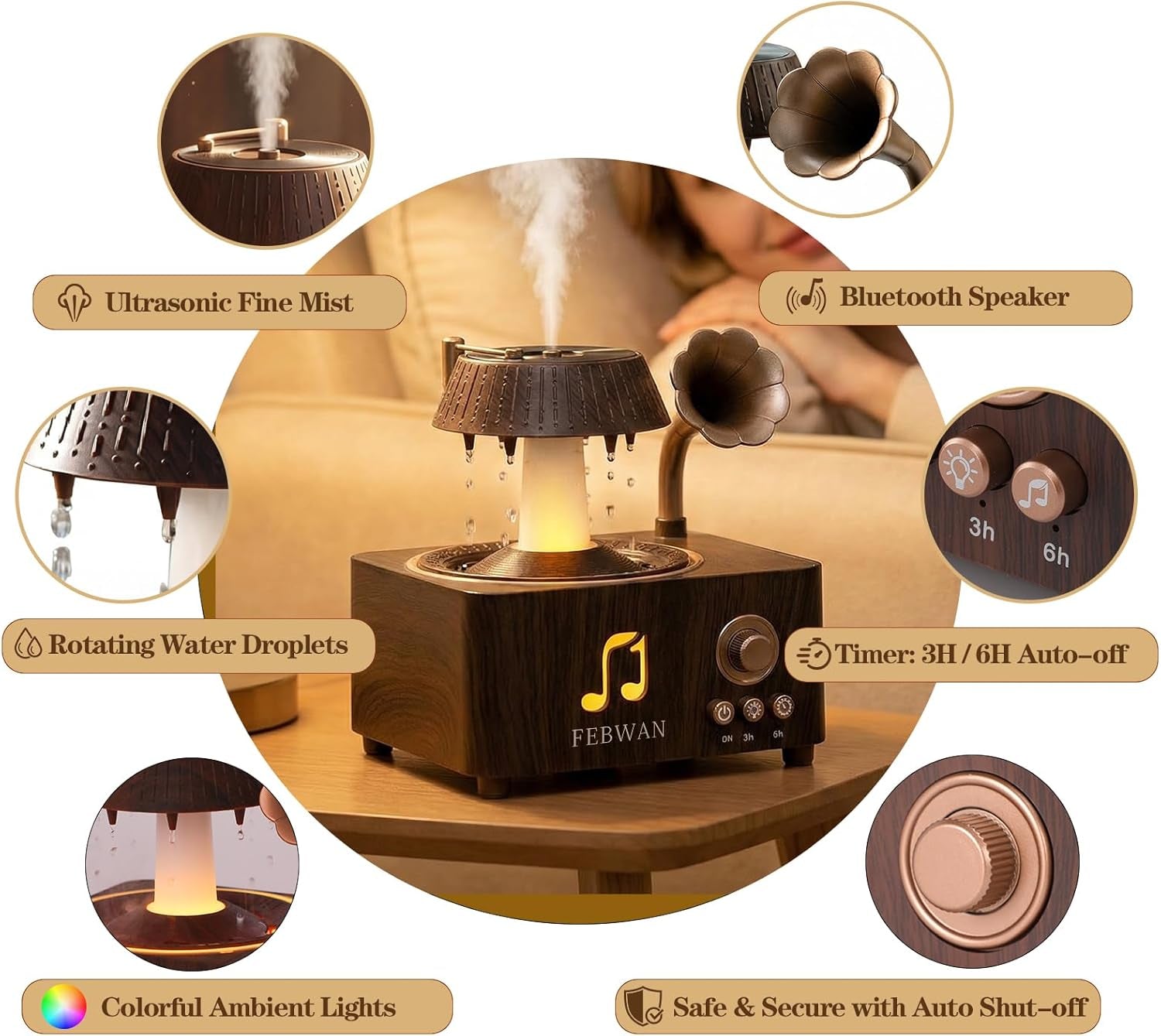 Transform Your Space with the White Noise Aromatherapy Diffuser: Essential Oil Diffuser with Soothing Rain Sounds, Bluetooth Speaker, and Humidifier for Ultimate Relaxation and Sleep