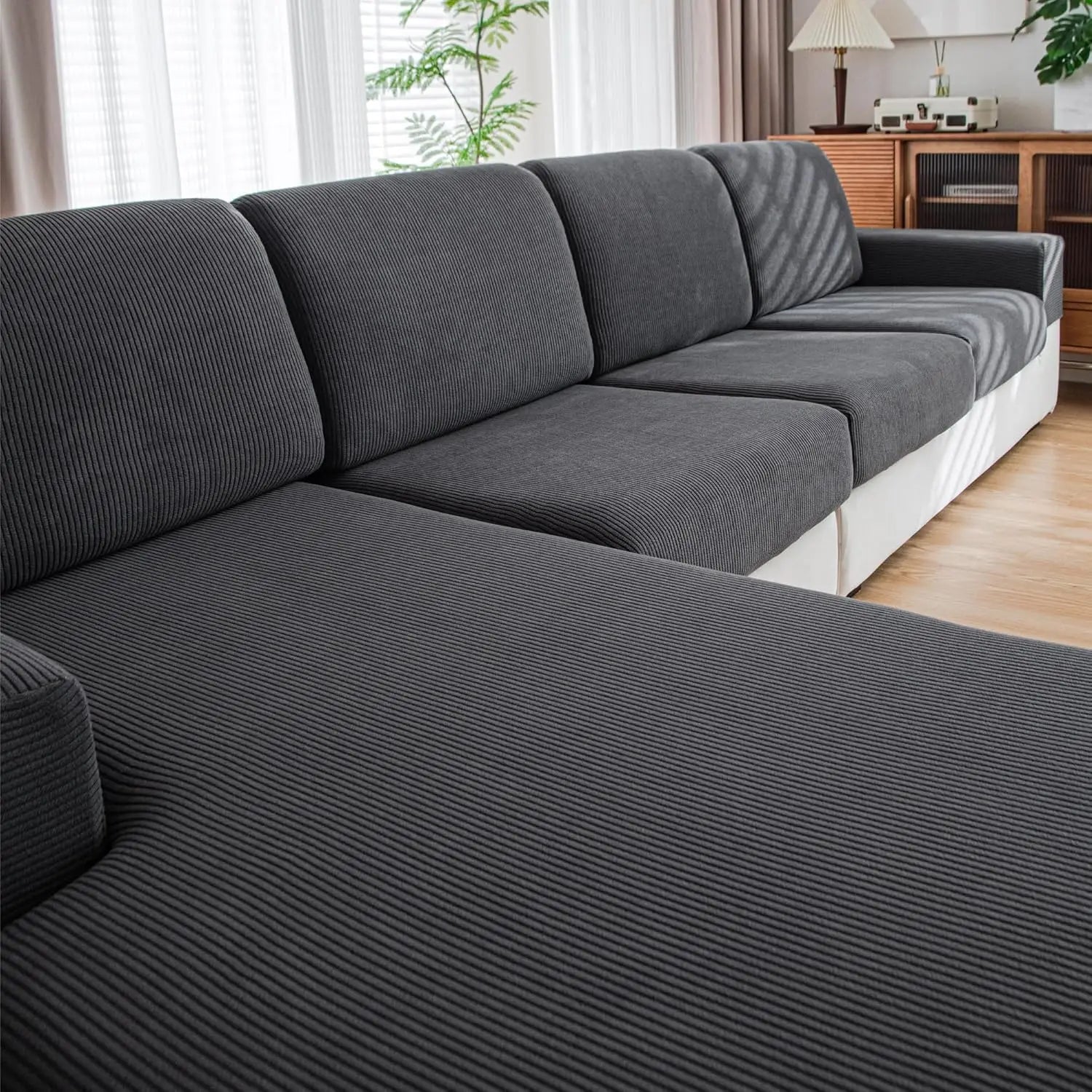 Soft Stretch Couch Cushion Cover, Washable Slipcover for Sectional and L-Shaped Sofas, Dark Gray Furniture Protector