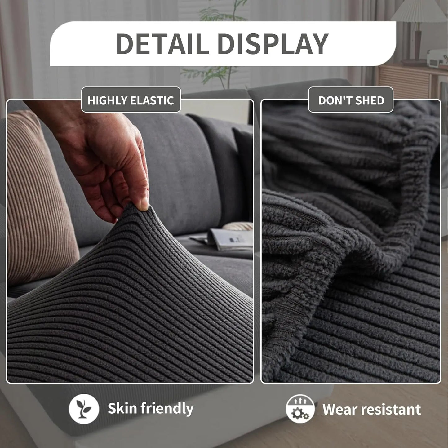 Soft Stretch Couch Cushion Cover, Washable Slipcover for Sectional and L-Shaped Sofas, Dark Gray Furniture Protector