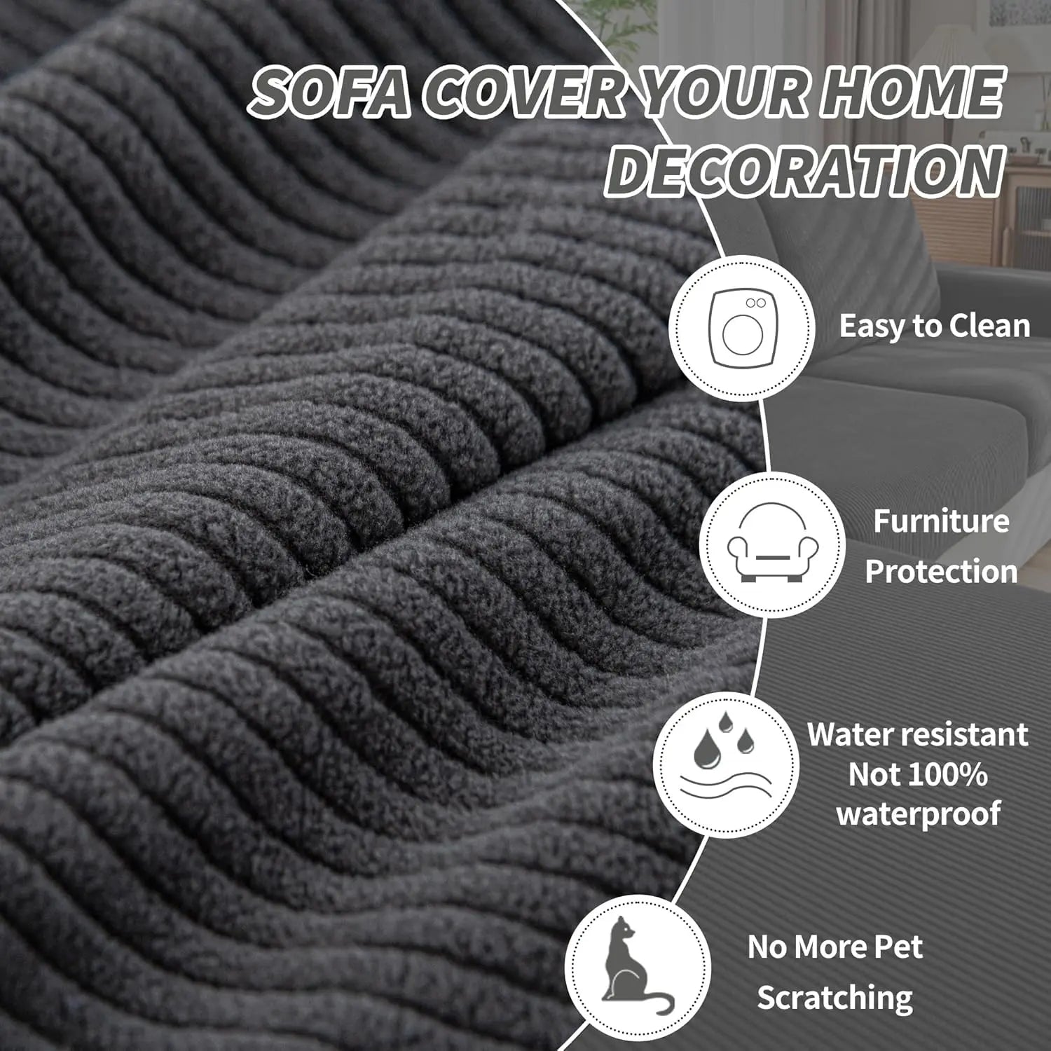 Soft Stretch Couch Cushion Cover, Washable Slipcover for Sectional and L-Shaped Sofas, Dark Gray Furniture Protector
