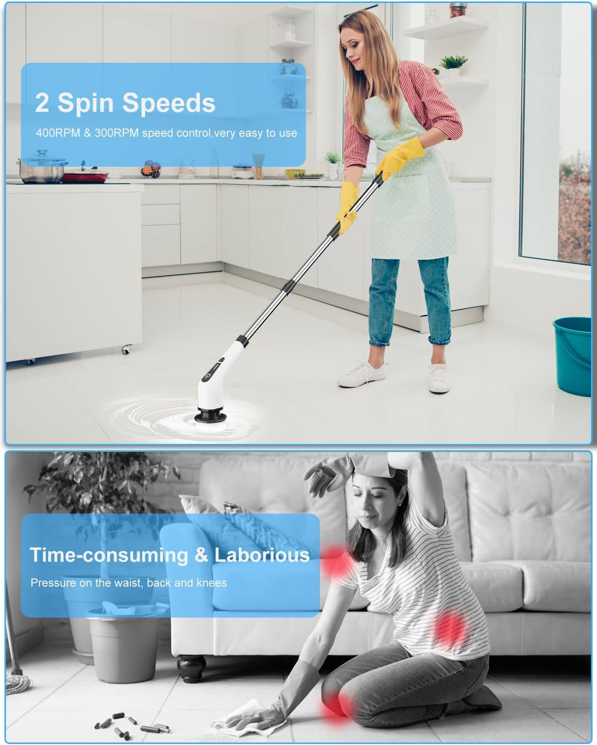 Electric Spin Scrubber, Cordless Cleaning Brush with 8 Replaceable Brush Heads, Tub and Floor Tile 360 Power Scrubber Dual Speed with Adjustable & Detachable Handle for Bathroom Kitchen Car