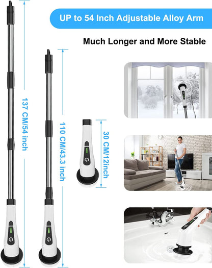 Electric Spin Scrubber, Cordless Cleaning Brush with 8 Replaceable Brush Heads, Tub and Floor Tile 360 Power Scrubber Dual Speed with Adjustable & Detachable Handle for Bathroom Kitchen Car