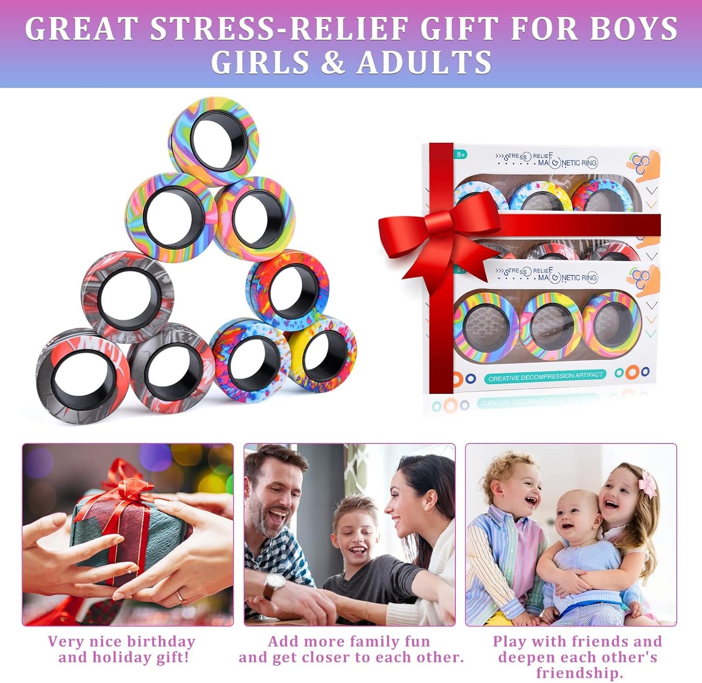 Exciting 9Pcs Magnetic Rings Fidget Toy Set for Stress Relief - Perfect for Adults, Teens, and Kids 8+! Ideal Easter Basket Stuffers and Gifts for Anxiety Relief