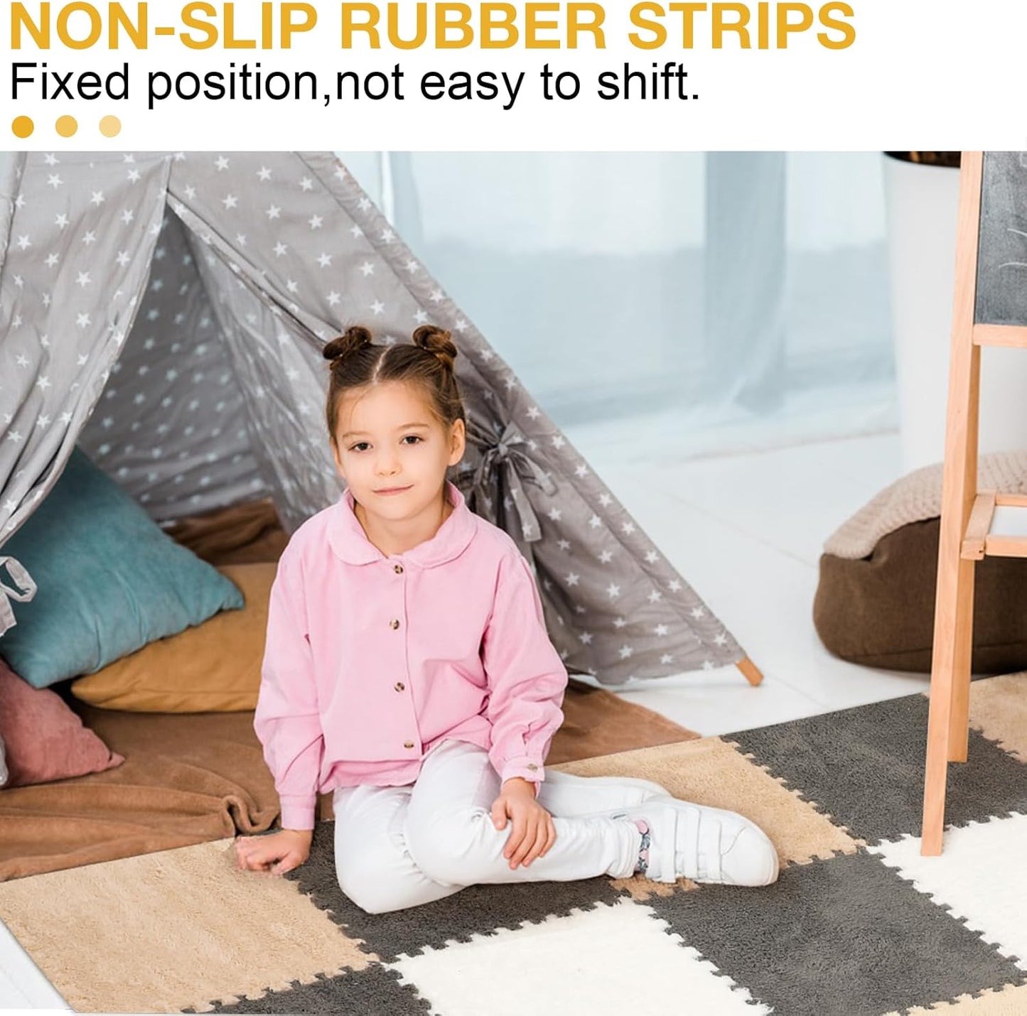 12 Pcs Plush Interlocking Carpet Tiles, Non-Toxic Foam Carpet Tiles for Toddler Baby, Anti-Slip, EVA Foam Interlocking Tiles for Floor, Nursery, Grey White Light Brown