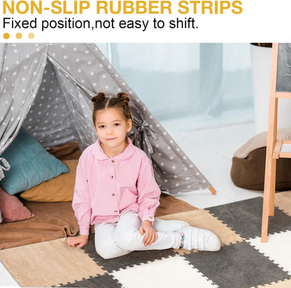 12 Pcs Plush Interlocking Carpet Tiles, Non-Toxic Foam Carpet Tiles for Toddler Baby, Anti-Slip, EVA Foam Interlocking Tiles for Floor, Nursery, Grey White Light Brown