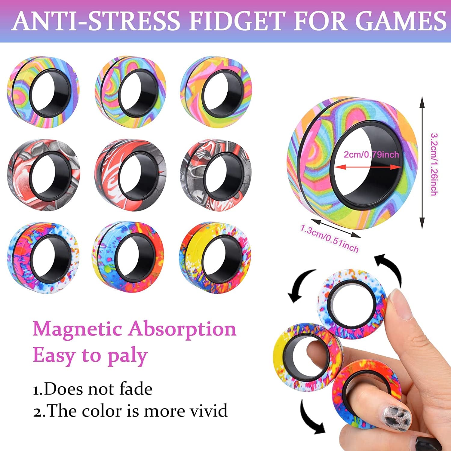 Exciting 9Pcs Magnetic Rings Fidget Toy Set for Stress Relief - Perfect for Adults, Teens, and Kids 8+! Ideal Easter Basket Stuffers and Gifts for Anxiety Relief